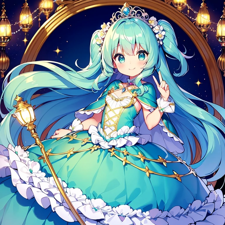 (kawaii),(best quality),(ultra detailed), upper body,(rococo style),(long train mint blue cape:1.05), very long cape,(long train mint blue ball gown with flower decorations:1.05), a girl is wearing a cape over her gown, 1 princess, tiara, smile, small breasts, very long hair