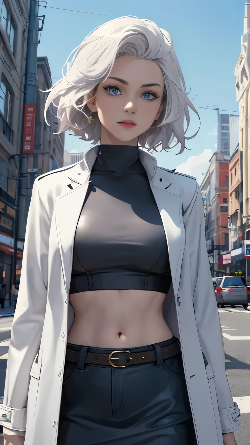 (Highly quality, masterpiece, detailed), city detailed scenario, city detailed background, 20 years old girl, solo, SilverSable_aiwaifu, 1girl, short hair, belt , sleeves rolled up, jewelry, Sliver Hair, blue eyes, coat, white coat, open coat, white skirt, Sliver top, leather top, crop top, Abdomen, Navel, beautiful eyes, perfect eyes, looking at the viewer, Sexy pose