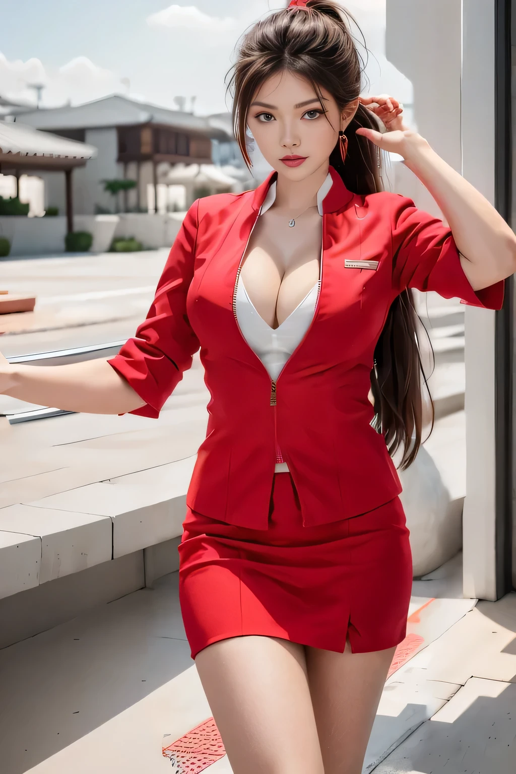 (masterpiece:1.2, highest quality:1.2), 32K HDR, High resolution, (alone、1 girl)、(At the airport entrance、Professional Lighting)、Skyscraper Background、Beautiful city view、(Realistic style with AirAsia flight attendant uniforms)、(AirAsia uniform unzipped red jacket、AirAsia uniform long sleeve red jacket、AirAsia uniform red mini tight skirt、AirAsia uniform white shirt unbuttoned)、Big breasts showing cleavage、(AirAsia uniform shirt cleavage reveals big boobs)、Dark brown hair、ponytail、Red rubber band、(Long hair that reaches down to the legs、Tie your hair behind your head、Her tied-up long hair flutters in the wind)、A strong wind is blowing、Long Shot、((Fine hand:2.0)),((Harmonious body proportions:1.5)),((Normal limbs:2.0)),((Normal finger:2.0)),((Delicate eyes:2.0)),((Normal eyes:2.0)))、Luxury Necklace、Beautiful standing posture
