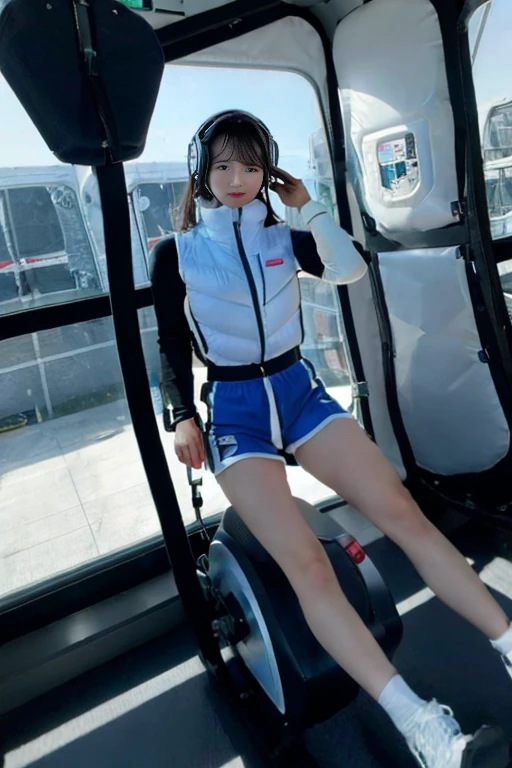 Girl straddling the seat cushion of a gym bike, Dolphin Shorts,astrovest,headphone,Astronaut training equipment,Inside the spaceship,White and blue futuristic space station interior, Outer space seen from the window,LED lighting, Wide々and space, Wall-mounted screen, Fitness equipment storage, Large windows with natural light, Globe seen from the window, Futuristic Design, And the fine details. She is in training, standing on the zero gravity treadmill,