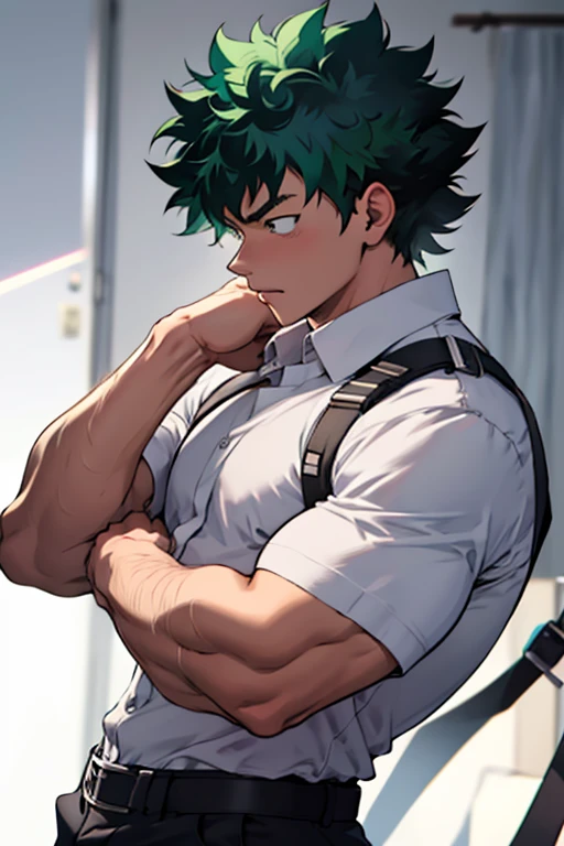 Izuku midoriya adult version with muscles, y luciendo un atuendo elegante 


