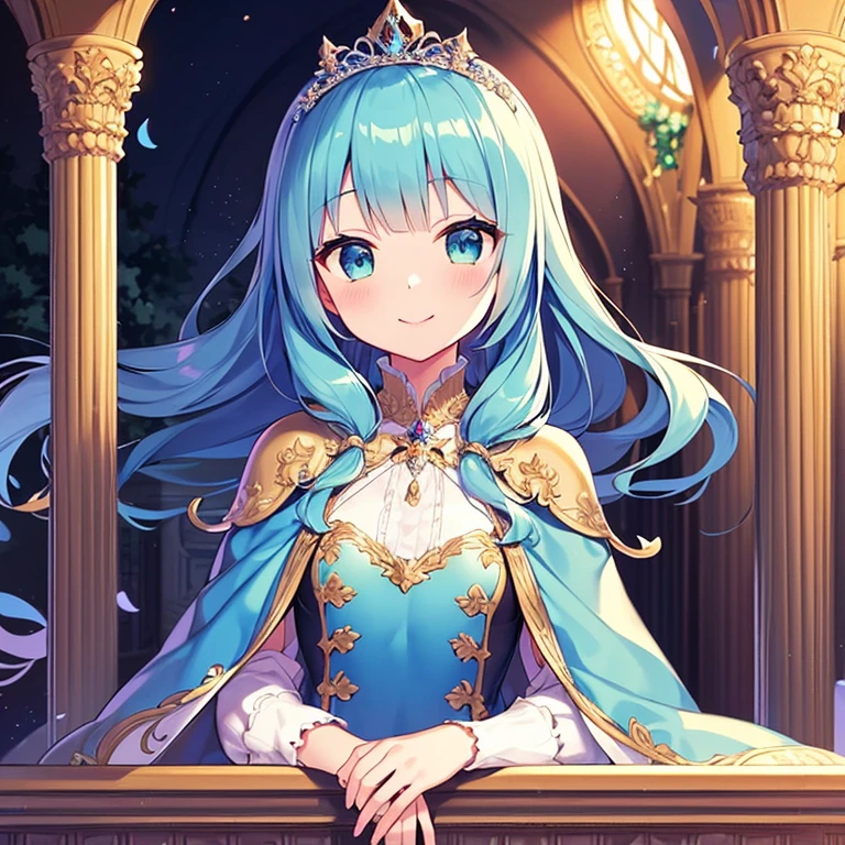 (kawaii),(best quality),(ultra detailed), upper body,(rococo style),(long train mint blue cape:1.05), very long cape,(long train mint blue ball gown with flower decorations:1.05), a girl is wearing a cape over her gown, 1 princess, tiara, smile, small breasts, very long hair