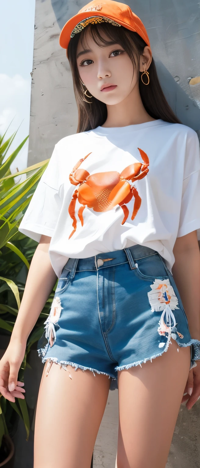 Idol girl in intense light、whole body、Good style、、、、、、、、Crab print tight shorts、shiny orange、、、