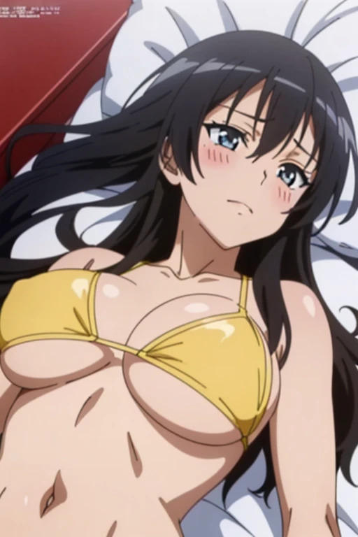 missionary, pov, 1girl, 1boy, penis, sex, (masutepiece, Best Quality, High resolution, anime screencap, anime colours, megami magazine:1.2, anime poster style, anime keyvisual, sharp, 8k, photorealistic), (beautiful eyes:1.5, beautiful face), Kotegawa Yui, 1girl, solo, Cute, blush, (Long Black Hair), (large breasts:1.2), underboob, (yellow Bikini:1.2), (lying, on back, lie on bed:1.5), (Perfect detailed Anatomy, beautifull detailed face, Beautiful detailed eyes, beautiful detailed hair, perfect detailed body:1.2, shiny skin), (thick outline, Beautiful outlines, black outlines), simple background