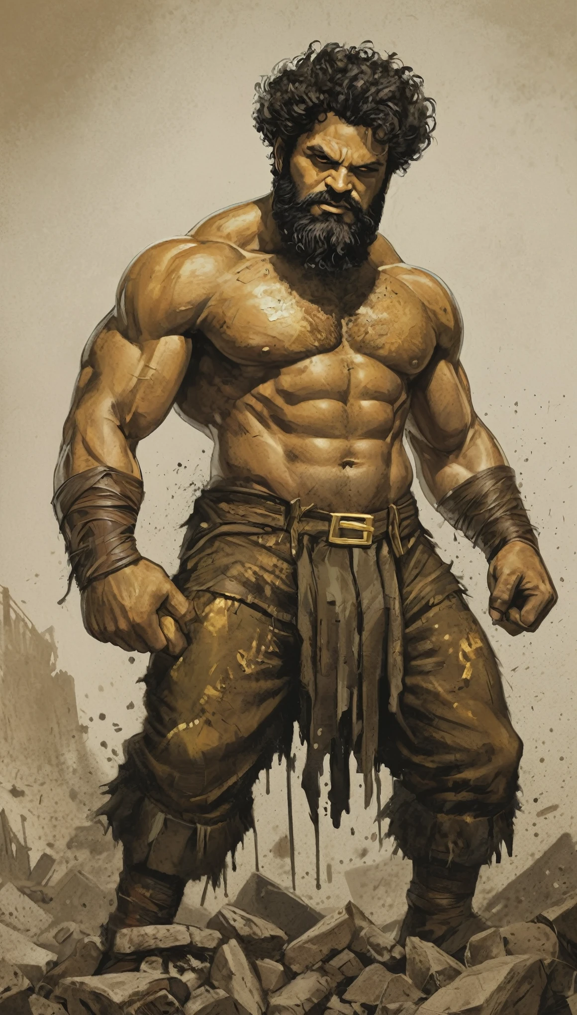 An illustrated movie poster, hand-drawn, full color, a golden-skinned giant man, wearing torn trousers, gold skin, massive physique, golden-brown eyes, wide bulbous nose, black hair, curly hair, dark beard, thick bushy eyebrows, extremely hairy chest, stomach, and arms, lots of body hair, posing amongst rubble, hard shadows, graphite shading, stencil markings, airbrushed acrylic paint, masterpiece, in the style of Marvel Comics