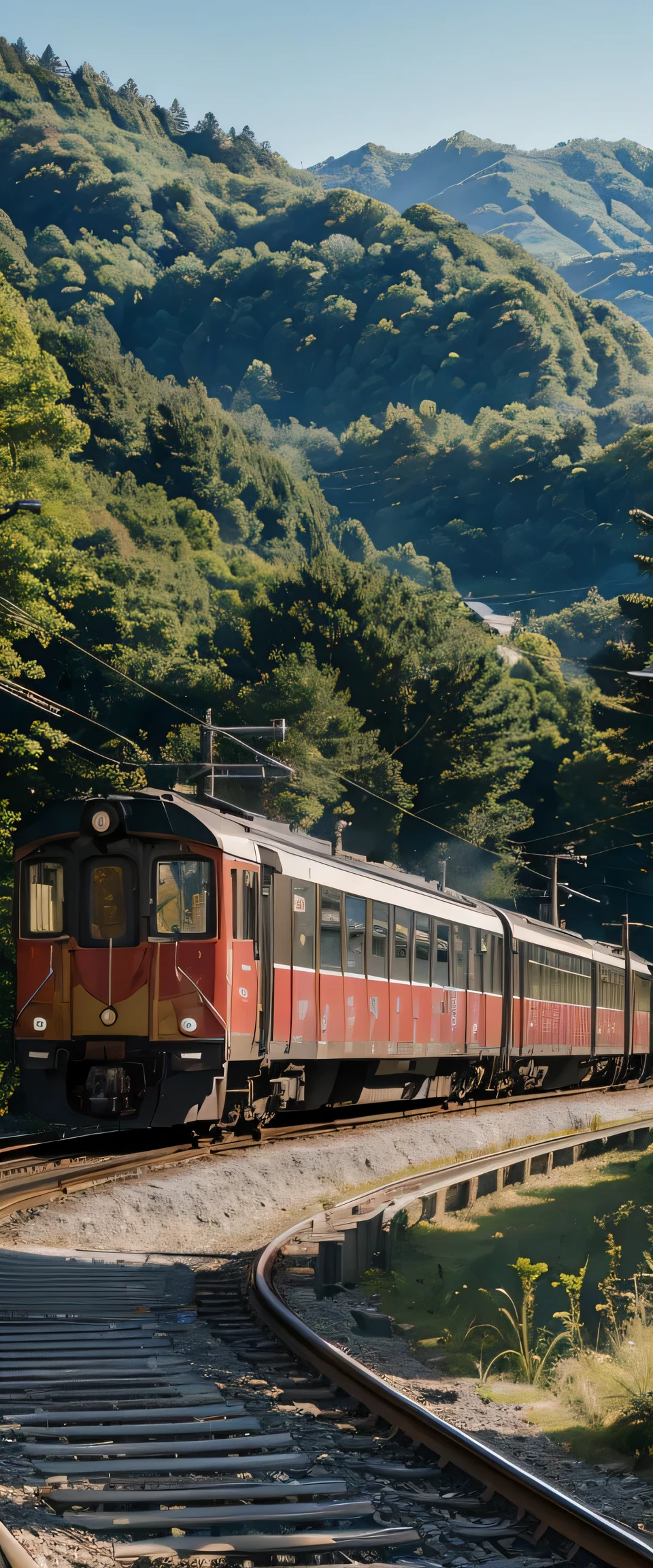 ((masterpiece, highest quality, Highest image quality, High resolution, photorealistic, Raw photo, 8K)), Train coming into the station, train in the background, [ graphic photo ], Karuizawa, train, portrait! outdoor, museum, viewpoint photo, exhibition, small station in the countryside of Japan, travel, train, iphone photo, very real, outdoor photo,