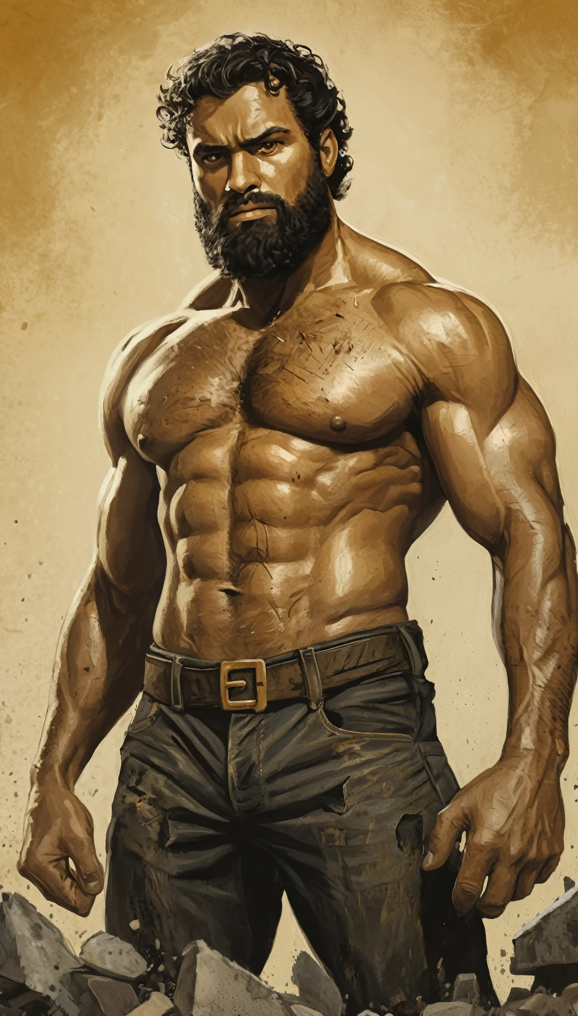 An illustrated movie poster, hand-drawn, full color, a golden-skinned giant man, wearing torn trousers, gold skin, massive physique, golden-brown eyes, wide bulbous nose, black hair, curly hair, dark beard, thick bushy eyebrows, extremely hairy chest, stomach, and arms, lots of body hair, posing amongst rubble, hard shadows, graphite shading, stencil markings, airbrushed acrylic paint, masterpiece, in the style of Marvel Comics