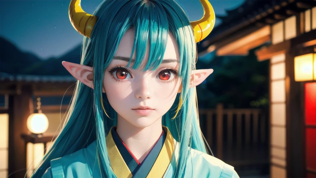 RAW, professional photograph, movie photograph, medium shot, Female elf, (((little yellow horns))), twenty years old, night, athletic body, soft facial features, long hair, straight hair, (((pacific cyan hair))), (((red eyes faded to yellow))), japanese female uniform, traditional japanese village, Realism, hyperrealism, ray tracing, high details, super detail, UHD, 8k