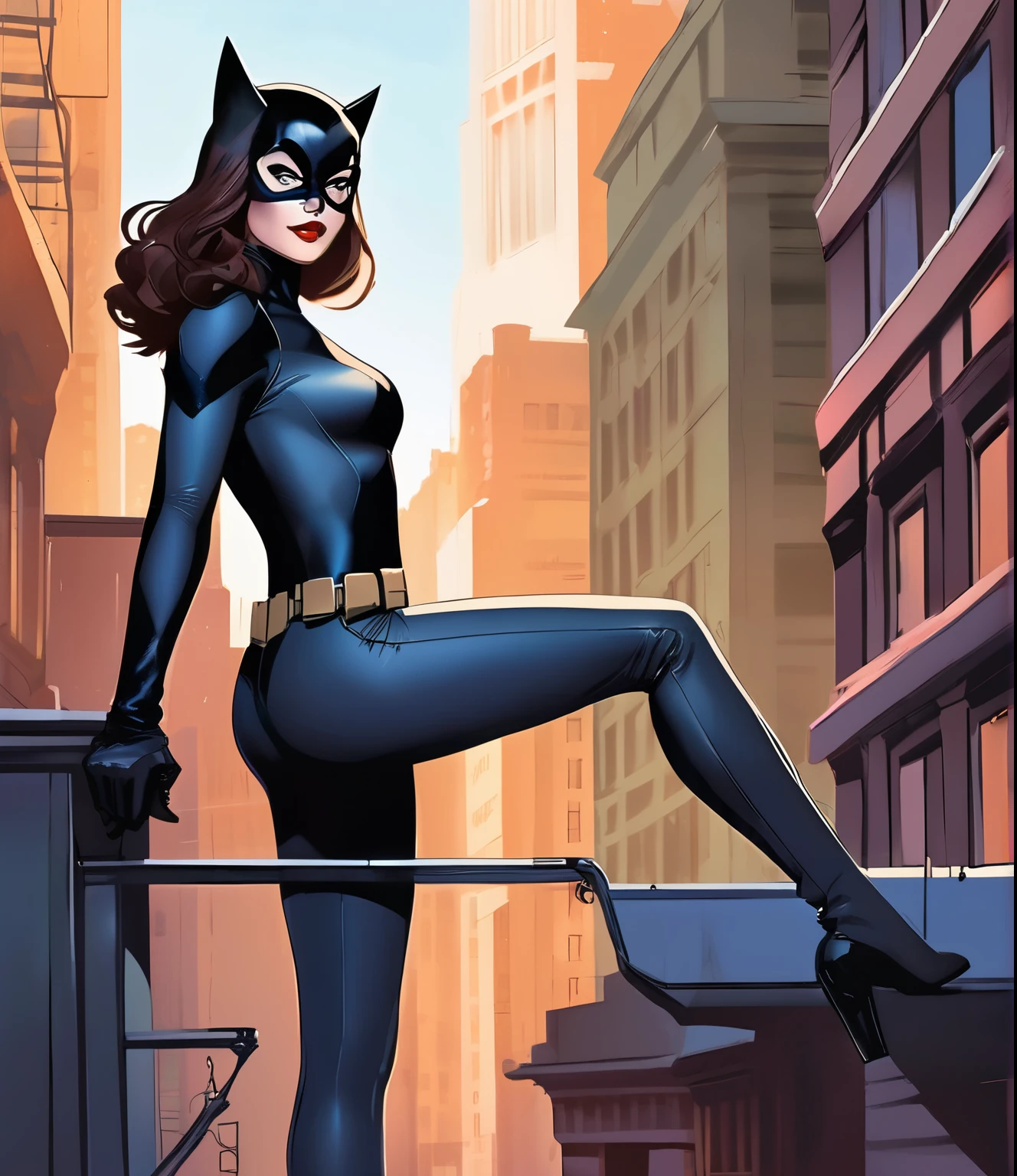 (full height:1.3), a beautiful (ohwx woman:1.1) withAs Moonshadow like Catwoman from Batman The Animated Series, clad in her sleek, gray catsuit with matching gloves and mask, engaged in a thrilling cat-and-mouse chase with Batman on the rooftops of Gotham City, dynamic action, vivid colors, detailed environment, true to the iconic art style of the series, high-resolution, nostalgic scene., inspired by Krenz Cushart, neoism, kawacy, wlop, gits anime,Long hair with subtle layers and a soft, side part.,