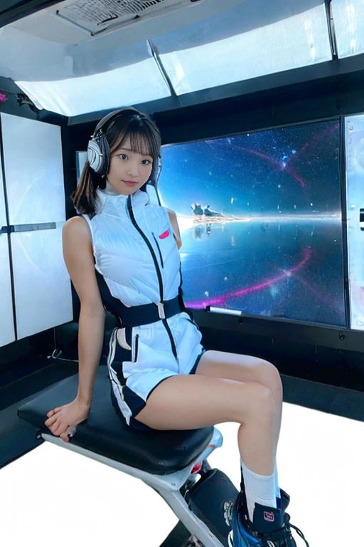 Girl straddling the seat cushion of a gym bike, Dolphin Shorts,astrovest,headphone,Astronaut training equipment,Inside the spaceship,White and blue futuristic space station interior, The universe seen from the window空間,LED lighting, Wide々and space, Wall-mounted screen, Fitness equipment storage,, The universe seen from the window, Futuristic Design, And the fine details. She is in training, standing on the zero gravity treadmill,