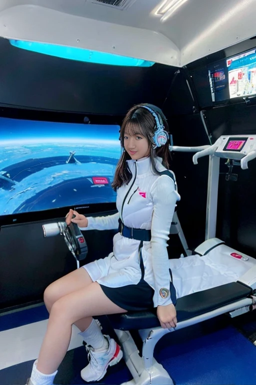 Girl straddling the seat cushion of a gym bike, Dolphin Shorts,astrovest,headphone,Astronaut training equipment,Inside the spaceship,White and blue futuristic space station interior, The universe seen from the window空間,LED lighting, Wide々and space, Wall-mounted screen, Fitness equipment storage,, The universe seen from the window, Futuristic Design, And the fine details. She is in training, standing on the zero gravity treadmill,