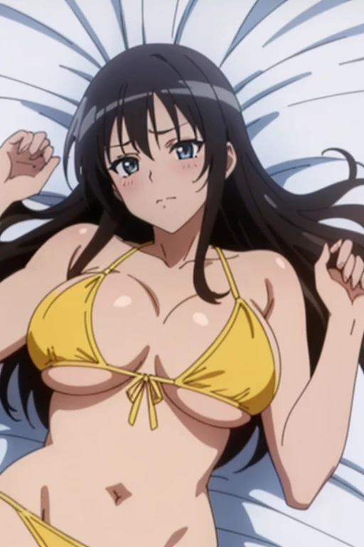 missionary, pov, (masutepiece, Best Quality, High resolution, anime screencap, anime colours, megami magazine:1.2, anime poster style, anime keyvisual, sharp, 8k, photorealistic), (beautiful eyes:1.5, beautiful face), Kotegawa Yui, 1girl, solo, Cute, blush, (Long Black Hair), (large breasts:1.2), underboob, (yellow Bikini:1.2), (lying, on back, lie on bed:1.5), (Perfect detailed Anatomy, beautifull detailed face, Beautiful detailed eyes, beautiful detailed hair, perfect detailed body:1.2, shiny skin), (thick outline, Beautiful outlines, black outlines), simple background