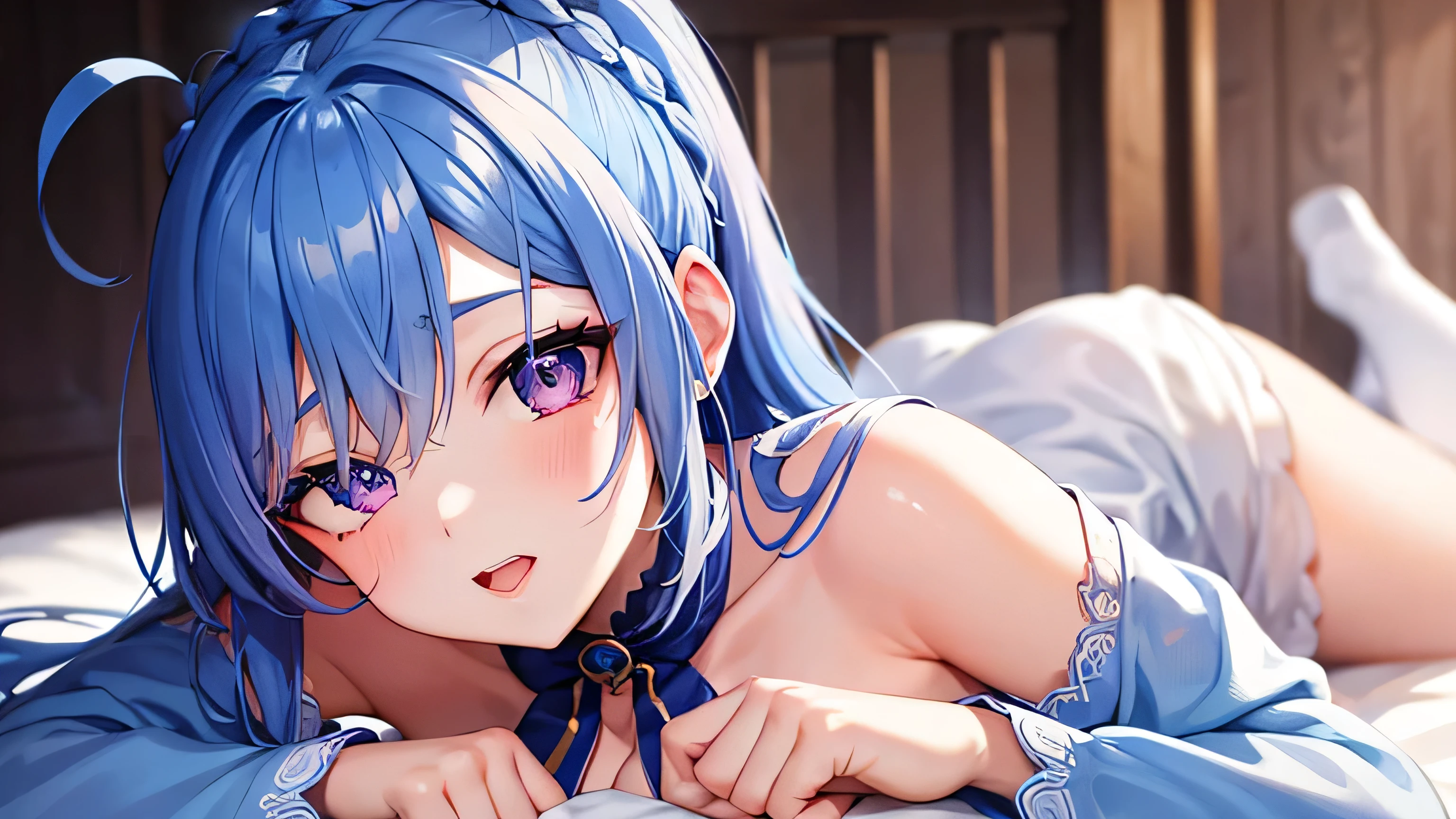 Blue hair, braided ponytail, magenta eyes, fair skin,1 girl,very detailed beautiful face and eyes,Ahegao,cute eyes,white dress,heart sign,looking up,high quality,