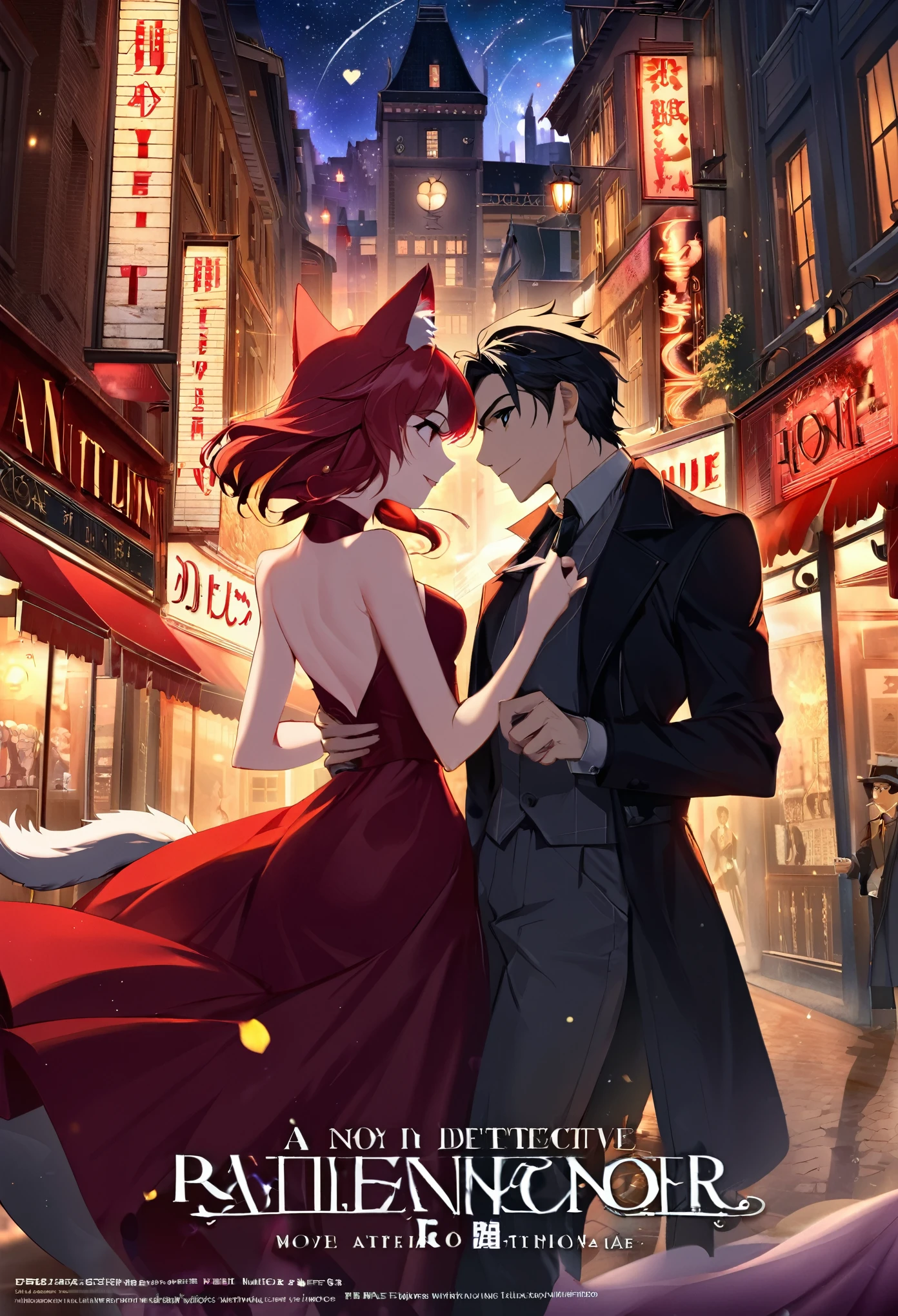 movie poster, highres, top quality, best quality, perfect artwork, absurdres, perfect anatomy(young male detective and a woman in Chinese dress furry, kemono, anthro)arafed image of a couple in a city street at night, moulin rouge, movie artwork, concept art of love, romance novel cover, neo - romanticism,