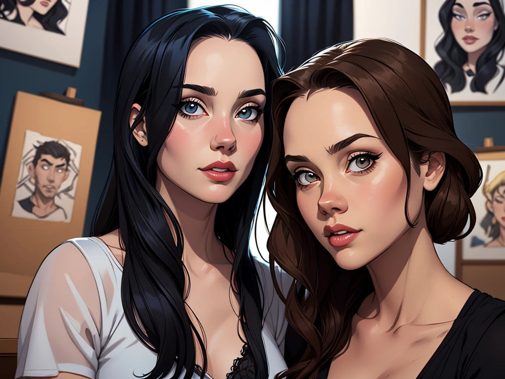 Personagem Christina Ricci cabelo preto estilo Morticia AddamsImagem de desenho animado de uma mulher .cartoon style illustration, estilo de arte dos desenhos animados, estilo de arte dos desenhos animados, digital illustration style, design de personagens altamente detalhado, arte digital detalhada fofa, City fan art, Design de personagens de retrato, beautiful digital illustration, retrato de alta qualidade, Arte em quadrinhos, jovem expressando desejo sexual.