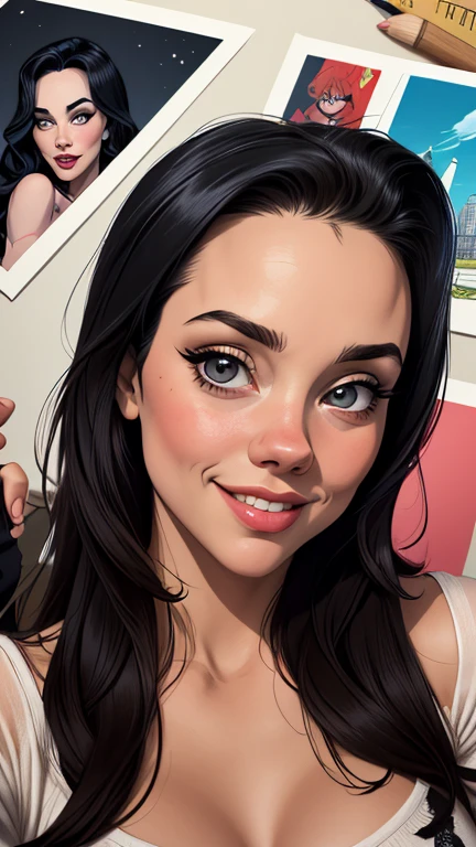 Personagem Christina Ricci cabelo preto estilo Morticia AddamsImagem de desenho animado de uma mulher .cartoon style illustration, estilo de arte dos desenhos animados, estilo de arte dos desenhos animados, digital illustration style, design de personagens altamente detalhado, arte digital detalhada fofa, City fan art, Design de personagens de retrato, beautiful digital illustration, retrato de alta qualidade, Arte em quadrinhos, jovem expressando desejo sexual. Com sorriso lindo e sedutora com os dentes amostras
