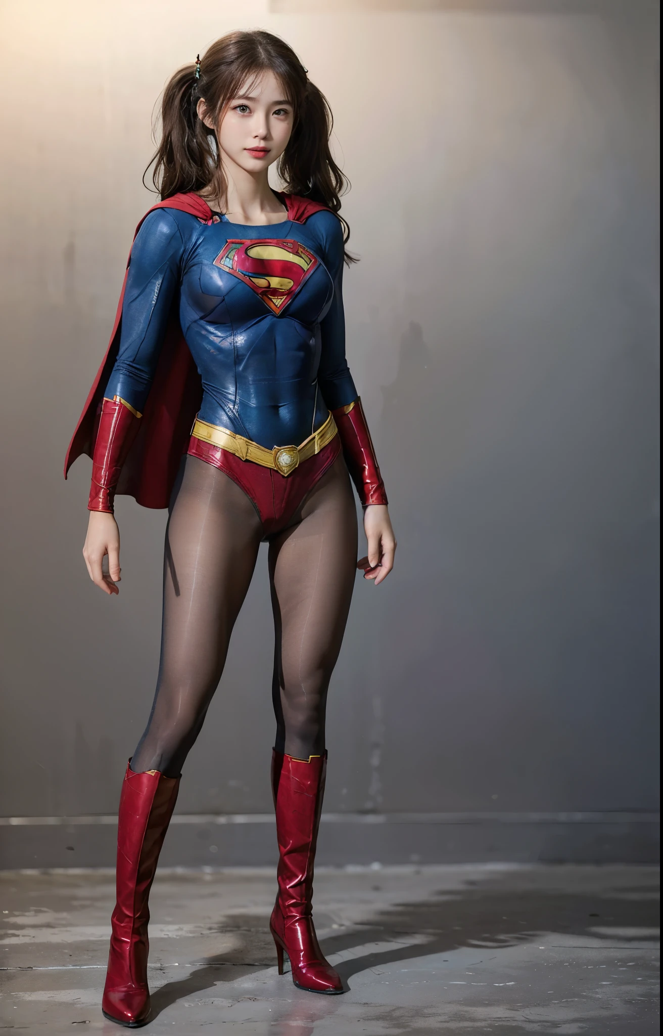 No background、(((Beautiful legs in black tights.)))、(((Legally express the beauty of your smile)))、((((Make the most of your original images)))、(((Body-fitting Supergirl costume)))、(((Supergirl Costume)))、(((Beautiful hair with twin tails)))、(((suffering)))、(((Please wear black tights....、Wear red boots)))、((Best image quality、8k))、((highest quality、8k、masterpiece:1.3))、(((Preserve background )))、Sharp focus:1.2、Beautiful woman with perfect figure:1.4、Slim Abs:1.2、Wet body:1.5、Highly detailed face and skin texture、8k