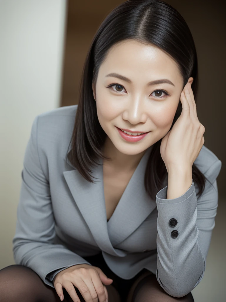 masterpiece, highest quality, (Seductive saleswoman:1), ((Portraiture:1.3)), smile, gray business wear, Hyper detail on skin, Cleans pores,Panoramic View,Stick your butt out, Black Lens Stockings,Beautiful young Japanese MILF, 40 years old, Perfect Face, Looks great, (Detailed facial features), Clean and nice face,Big Breasts