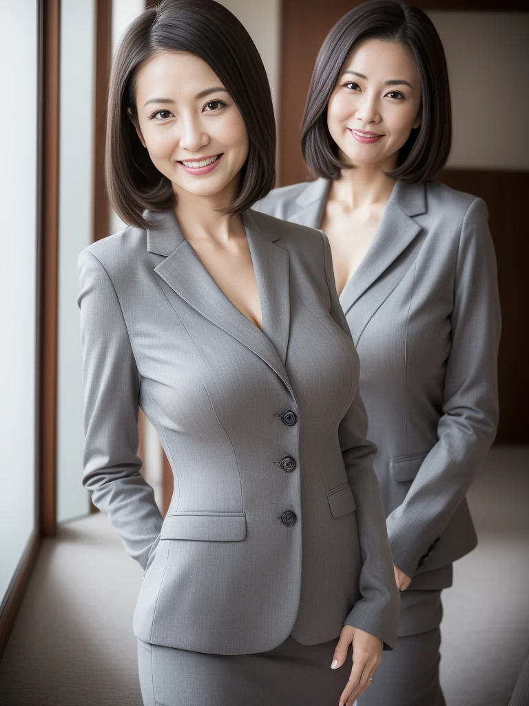 masterpiece, highest quality, (Seductive saleswoman:1), ((Portraiture:1.3)), smile, gray business wear, Hyper detail on skin, Cleans pores，Panoramic View，Stick your butt out, Black Lens Stockings，Beautiful young Japanese MILF, 40 years old, Perfect Face, Looks great,  (Detailed facial features), Clean and nice face,Big Breasts