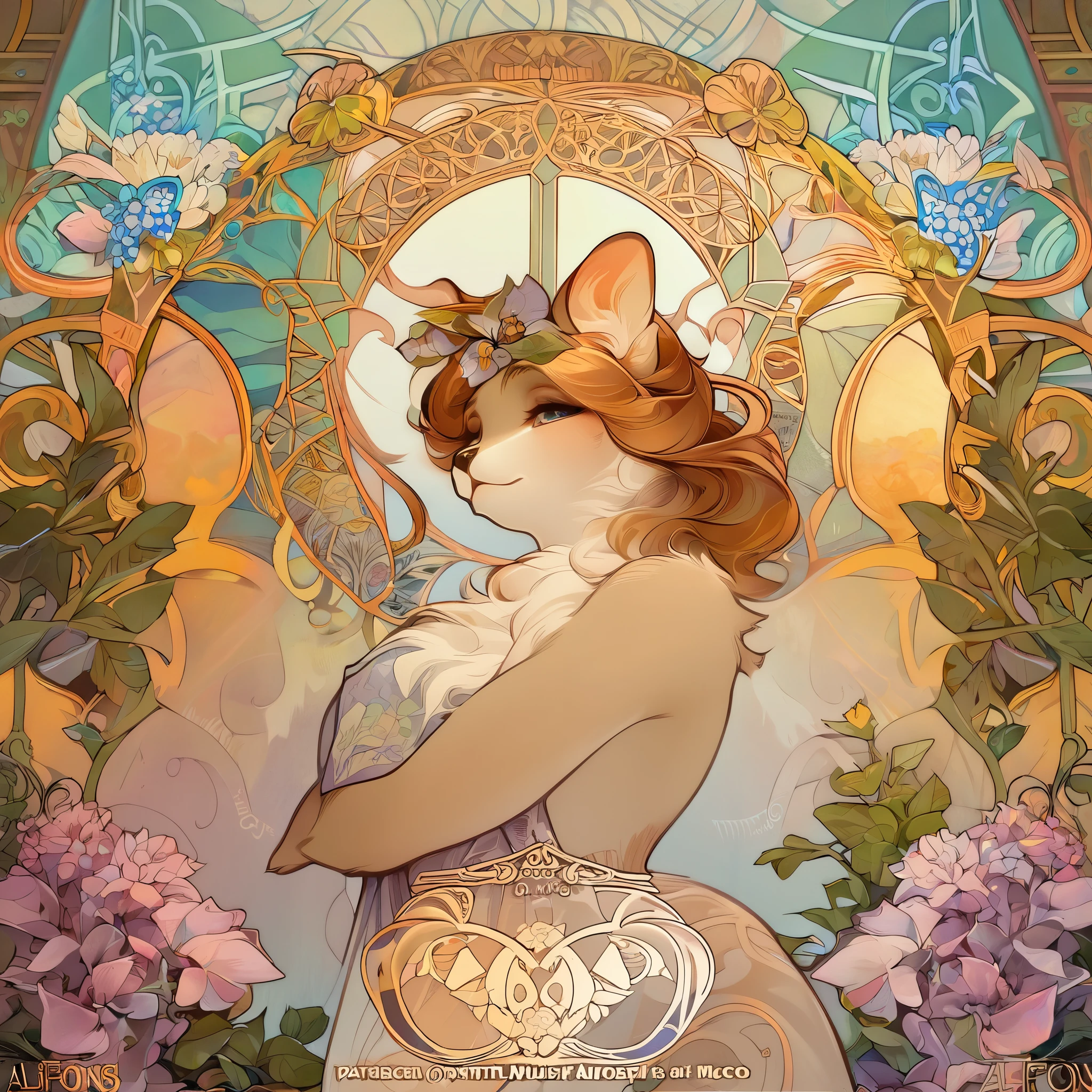 cover_page, highres, top quality, best quality, paid reward available, High-quality illustrations, unparalleled masterpiece, perfect artwork, absurdres, super high resolution, detailed background, logo mark, stamp, Geometric pattern, vector-art, High-quality illustrations by Alfons Mucha, masterpiece(kemono, furry anthro)flower,