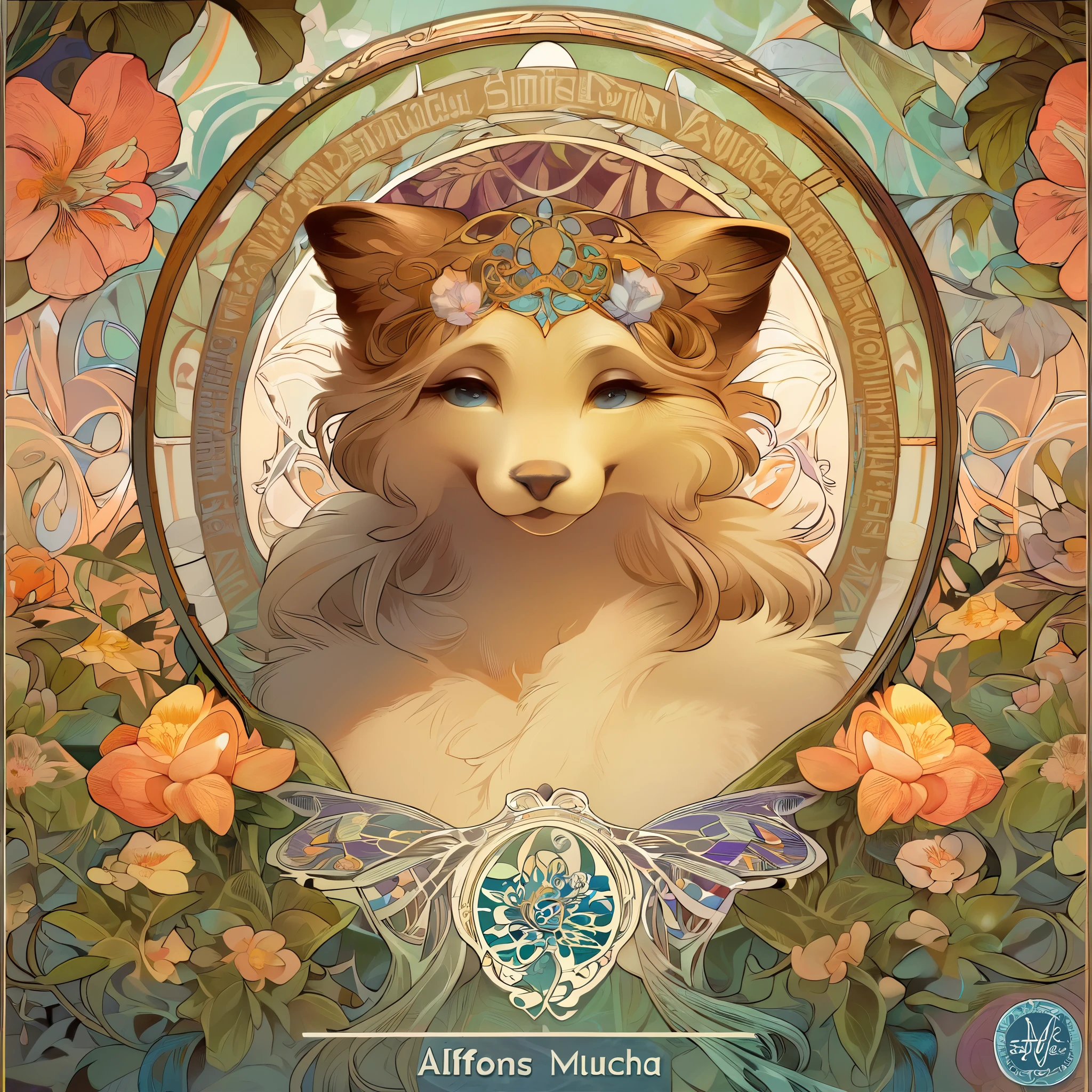 cover_page, highres, top quality, best quality, paid reward available, High-quality illustrations, unparalleled masterpiece, perfect artwork, absurdres, super high resolution, detailed background, logo mark, stamp, Geometric pattern, vector-art, High-quality illustrations by Alfons Mucha, masterpiece(kemono, furry anthro)flower,