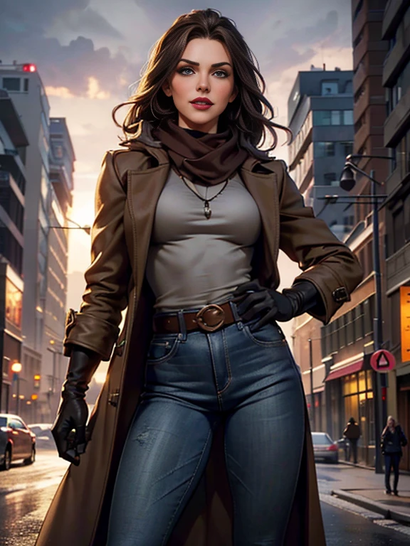Kat Denningasterpiece:1.0), (Highest_quality:1.2), (Dark Shot:1.3), Classic Rogue, 1991 Rogue X-Men, 1 girl, Only 1, Head to Toe, standing on street corner, Elegant pose, (clothing: Brown winter coat, Brown color hood, Down lining, White scarf, gloves, jeans) Medium length hair, Brown Hair, Wavy Hair, One gray hair, Green Eyes, Mischievous look, Grin, Lips parted, Red lipstick, Heavy makeup, Confident expression, Backlight, (realism: 1.5), (Realistic: 1.4), (Disorganized:1.4), 8k, Very detailed, Detailed beautiful woman, (background: Midnight, it's snowing, On the streets of New York, Snowy Night), Official Art, Very detailed CG Unity 8k wallpaper, Perfect lighting, colorful, 超High resolution, photograph, 8k, High resolution, Kodak Portrait 400, Film Grain, blurry background, (Bokeh:1.2), (Vibrant_color:1.2), Film Grain:1.2, (Warm colors, Warm Tones:1.2), (color photo), Professional Photograph