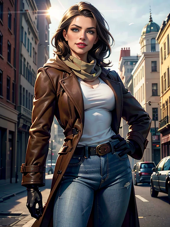 Kat Denningasterpiece:1.0), (Highest_quality:1.2), (Dark Shot:1.3), Classic Rogue, 1991 Rogue X-Men, 1 girl, Only 1, Head to Toe, standing on street corner, Elegant pose, (clothing: Brown winter coat, Brown color hood, Down lining, White scarf, gloves, jeans) Medium length hair, Brown Hair, Wavy Hair, One gray hair, Green Eyes, Mischievous look, Grin, Lips parted,  Red lipstick, Heavy makeup, Confident expression, Backlight, (realism: 1.5), (Realistic: 1.4), (Disorganized:1.4), 8k, Very detailed, Detailed beautiful woman,  (background: Midnight, it&#39;s snowing, On the streets of New York, Snowy Night), Official Art, Very detailed CG Unity 8k wallpaper, Perfect lighting, colorful, 超High resolution, photograph, 8k, High resolution, Kodak Portrait 400, Film Grain, blurry background, (Bokeh:1.2), (Vibrant_color:1.2), Film Grain:1.2, (Warm colors, Warm Tones:1.2), (color photo), Professional Photograph