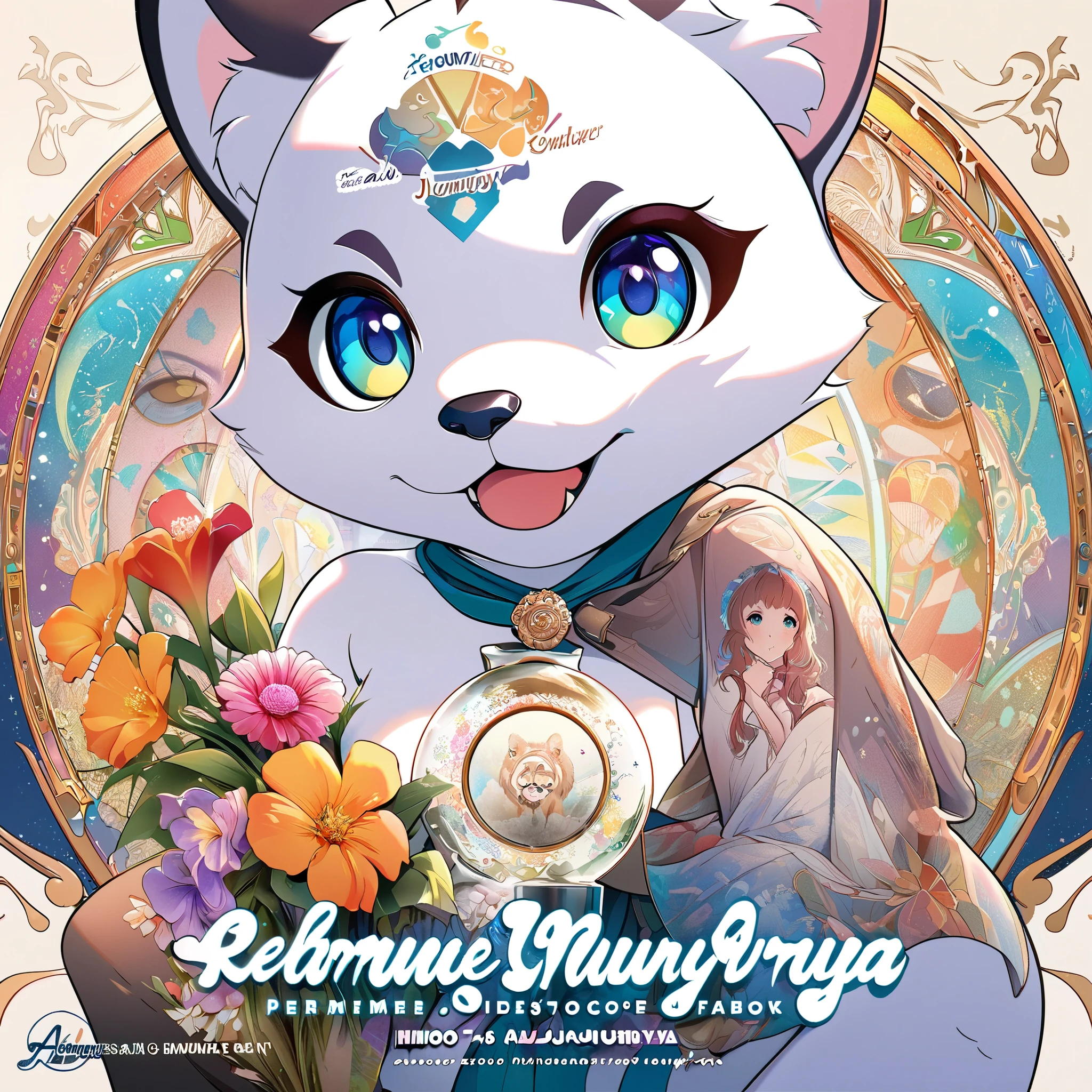cover page, Perfume poster, kaleidoscope, rzminjourney, vector-art, High-quality illustrations by Alfons Mucha, masterpiece(kemono, furry anthro)logo mark, round, colorful flower,