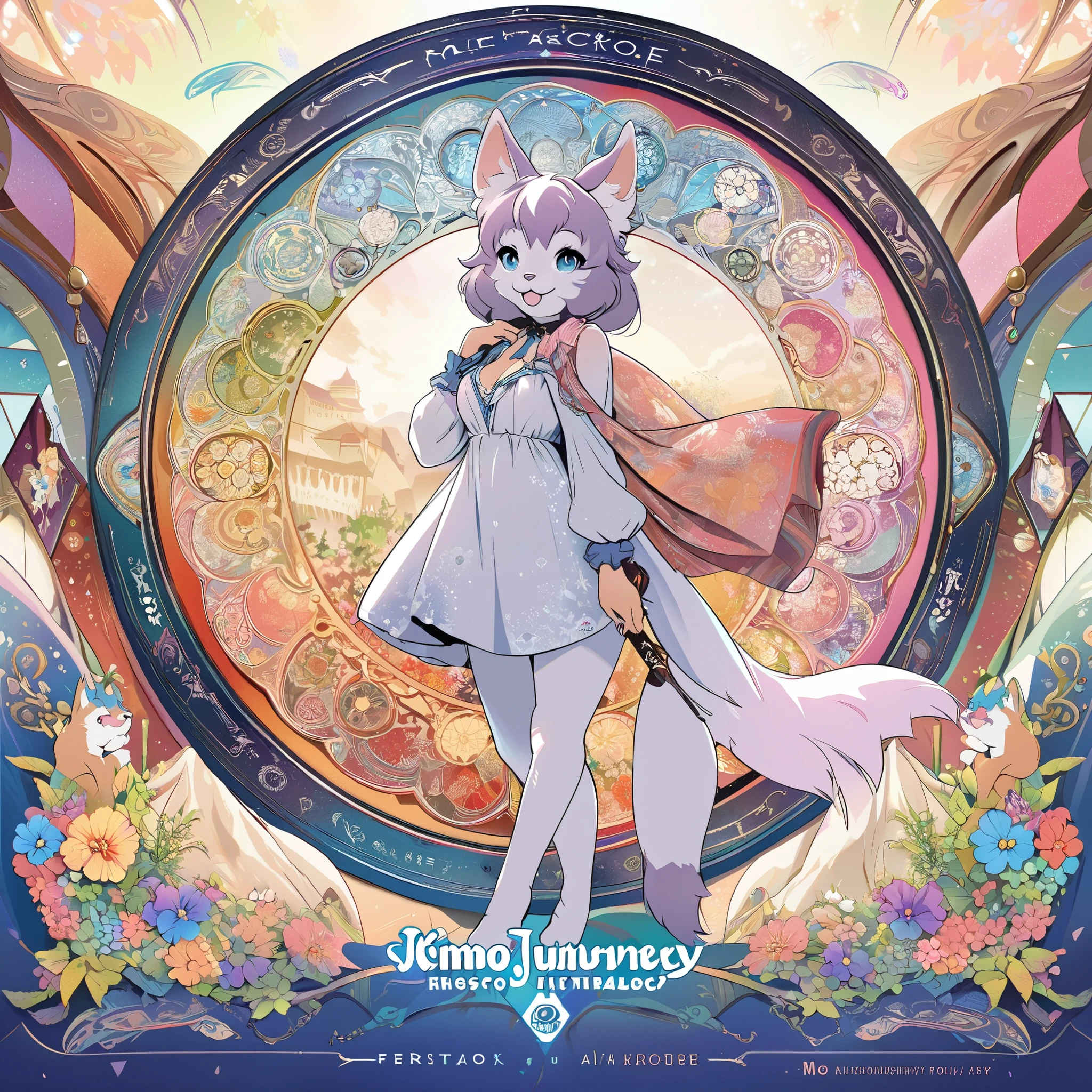 cover page, Perfume poster, kaleidoscope, rzminjourney, vector-art, High-quality illustrations by Alfons Mucha, masterpiece(kemono, furry anthro)logo mark, round, colorful flower,