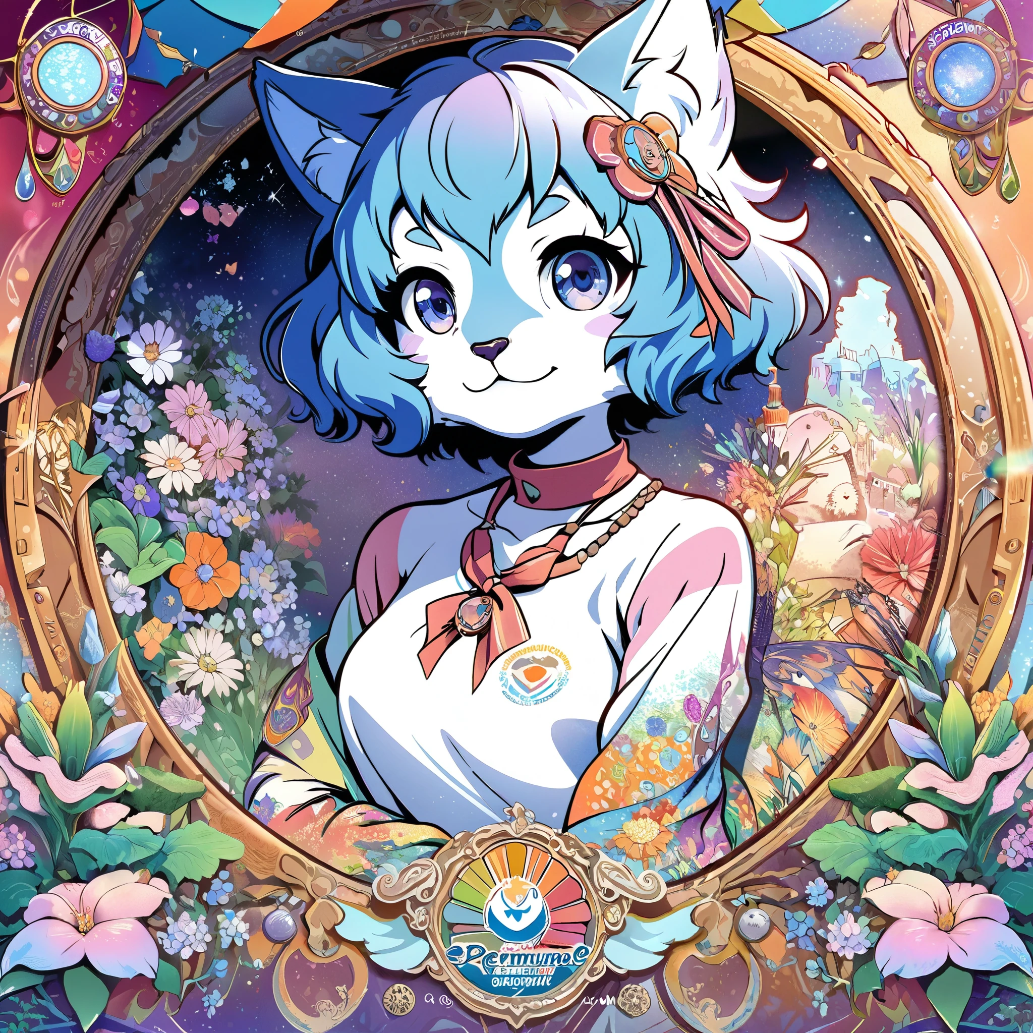 cover page, Perfume poster, kaleidoscope, rzminjourney, vector-art, High-quality illustrations by Alfons Mucha, masterpiece(kemono, furry anthro)logo mark, round, colorful flower,
