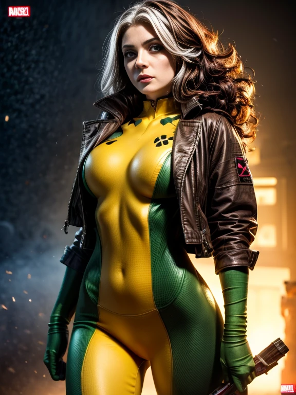 Kat Denningasterpiece, High-quality 4K, Villain (X-Men), Gothic Girl, Sculpted body gothic makeup, Brown jacket, Yellow and green bodysuit, masterpiece, highest quality, Cowboy Shot, One girl, alone, Technology Military Bodysuit, fringe.
