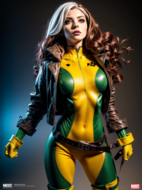 Kat Denningasterpiece, High-quality 4K, Villain (X-Men), Gothic Girl, Sculpted body gothic makeup, Brown jacket, Yellow and green bodysuit, masterpiece, highest quality, Cowboy Shot, One girl, alone, Technology Military Bodysuit, fringe.