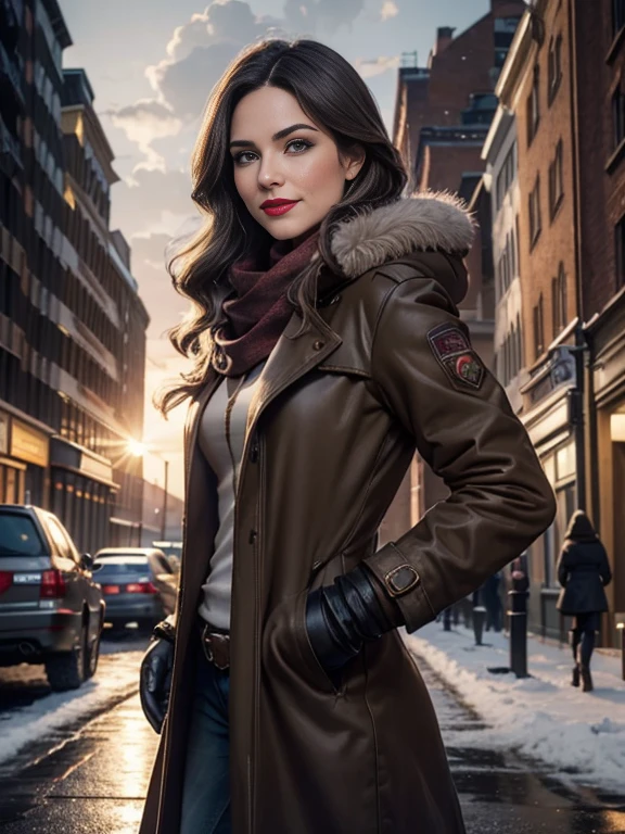 Kat Denningasterpiece:1.0), (Highest_quality:1.2), (Dark Shot:1.3), Classic Rogue, 1991 Rogue X-Men, 1 girl, Only 1, Head to Toe, standing on street corner, Elegant pose, (clothing: Brown winter coat, Brown color hood, Down lining, White scarf, gloves, jeans) Medium length hair, Brown Hair, Wavy Hair, One gray hair, Green Eyes, Mischievous look, Grin, Lips parted, Red lipstick, Heavy makeup, Confident expression, Backlight, (realism: 1.5), (Realistic: 1.4), (Disorganized:1.4), 8k, Very detailed, Detailed beautiful woman, (background: Midnight, it's snowing, On the streets of New York, Snowy Night), Official Art, Very detailed CG Unity 8k wallpaper, Perfect lighting, colorful, 超High resolution, photograph, 8k, High resolution, Kodak Portrait 400, Film Grain, blurry background, (Bokeh:1.2), (Vibrant_color:1.2), Film Grain:1.2, (Warm colors, Warm Tones:1.2), (color photo), Professional Photograph
