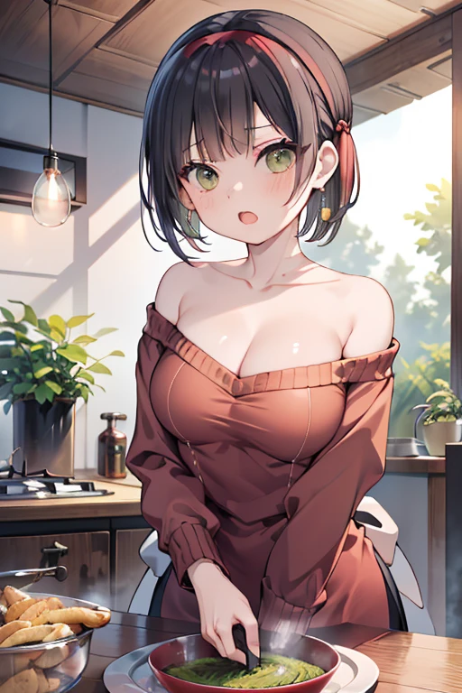 masterpiece, yor, 1girl, Bust A Cup, Amazing Cleavage:1.1, thin waist, big ass, Raised sexy, small breast: 1.1 posed cleavage:1.2、solo, looking at viewer, open mouth, have a cute grass of cute beergrass,black hair, dark green eyes, dress, bare shoulders, jewelry, collarbone, sidelocks, hairband, earrings, indoors, off shoulder, :o, sweater, arms behind back, plant, short hair with long locks, gild hairband, off-shoulder dress, sweater dress, off-shoulder sweater, red sweater, dark gord hair, big side hair, very long side hair,is rendered in (masterpiece: 1.2, best quality), with (ultra high resolution) and an exquisite (depth of field). This masterpiece is not only visually stunning but also tells,A scene of cooking in the kitchen
