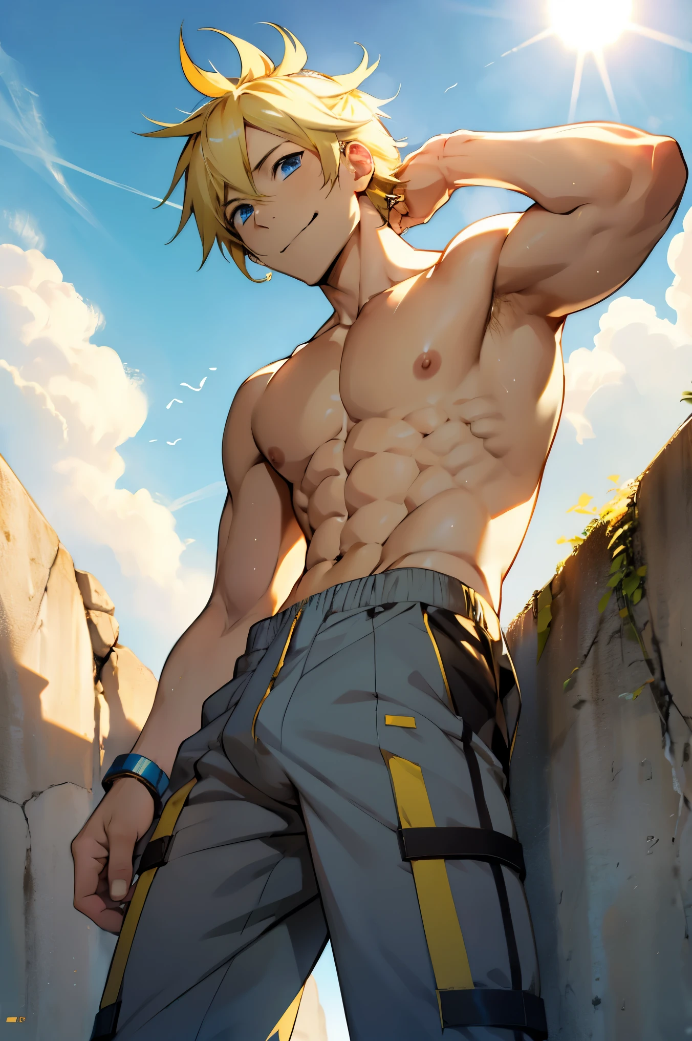 kagamine len(/vocaloid/), blonde hair, blue eyes, manly face, smile, shirtless, slim, fit, abs, closed mouth, outdoors, sky, day, briefs, cloud, sunny, pants, (ponytail:0)