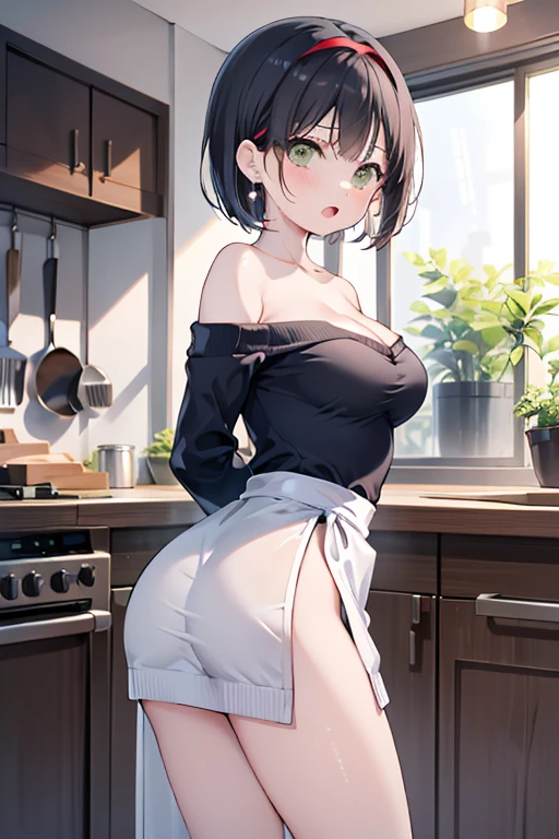 masterpiece, yor, 1girl, Bust A Cup, Amazing Cleavage:1.1, thin waist, big ass, Raised sexy, small breast: 1.1 posed cleavage:1.2、solo, looking at viewer, open mouth, have a cute grass of cute beergrass,black hair, dark green eyes, dress, bare shoulders, jewelry, collarbone, sidelocks, hairband, earrings, indoors, off shoulder, :o, sweater, arms behind back, plant, short hair with long locks, gild hairband, off-shoulder dress, sweater dress, off-shoulder sweater, red sweater, dark gord hair, big side hair, very long side hair,is rendered in (masterpiece: 1.2, best quality), with (ultra high resolution) and an exquisite (depth of field). This masterpiece is not only visually stunning but also tells,A scene of cooking in the kitchen
