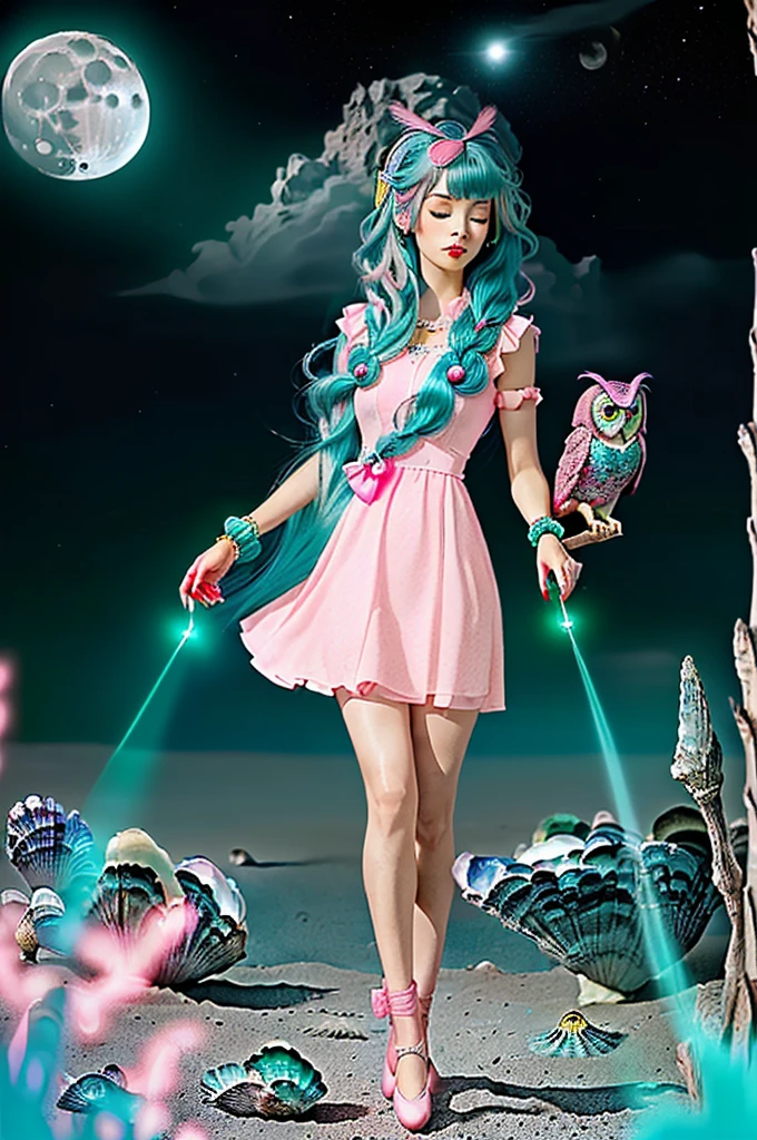 ((Surrounded by the Moon beams)) in side a Crater ((Eyes closed)) wearing an armour dress with galaxies on the surface ((holding a pink owl with green eyes. Yellow short beak. ((Is a girl with long teal mix blue hair and pink oyster diamond covered hairclips in her hair))(( full body))