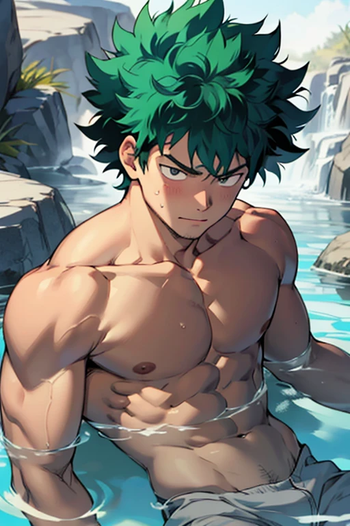 Izuku midoriya version adulto musculoso, in hot springs with a dominant expression 


