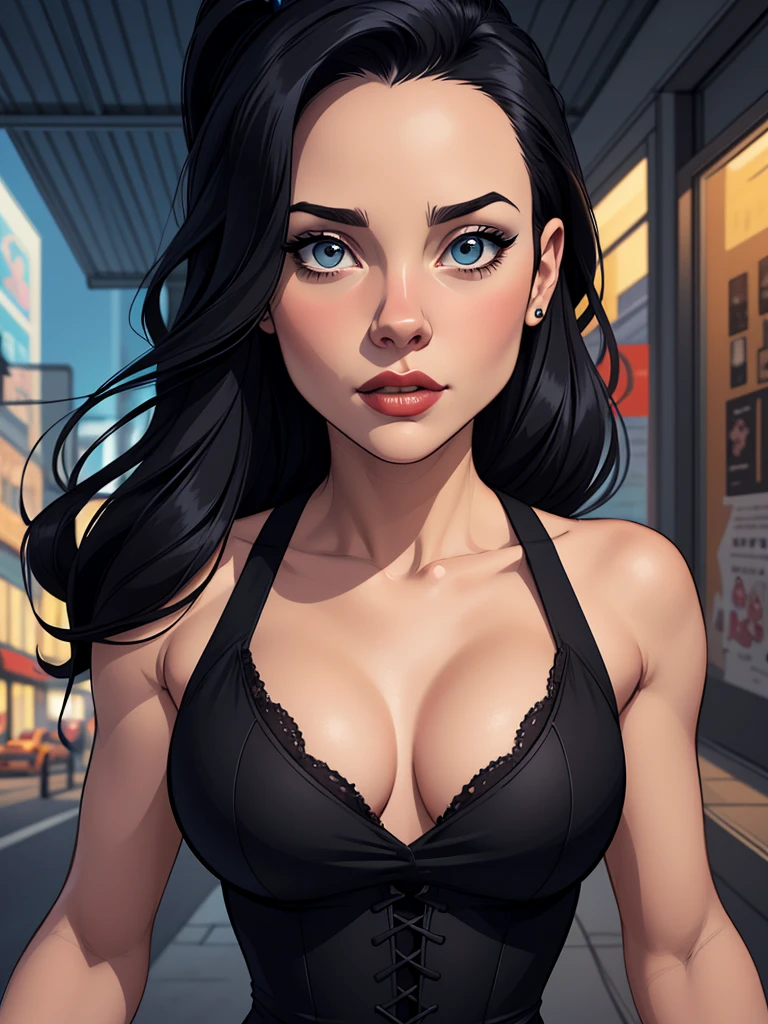 Personagem Christina Ricci cabelo preto estilo Morticia AddamsImagem de desenho animado de uma mulher .cartoon style illustration, estilo de arte dos desenhos animados, estilo de arte dos desenhos animados, digital illustration style, design de personagens altamente detalhado, arte digital detalhada fofa, City fan art, Design de personagens de retrato, beautiful digital illustration, retrato de alta qualidade, Arte em quadrinhos, jovem expressando desejo sexual. E scultural sesy curves beautiful sensual incredible breasts