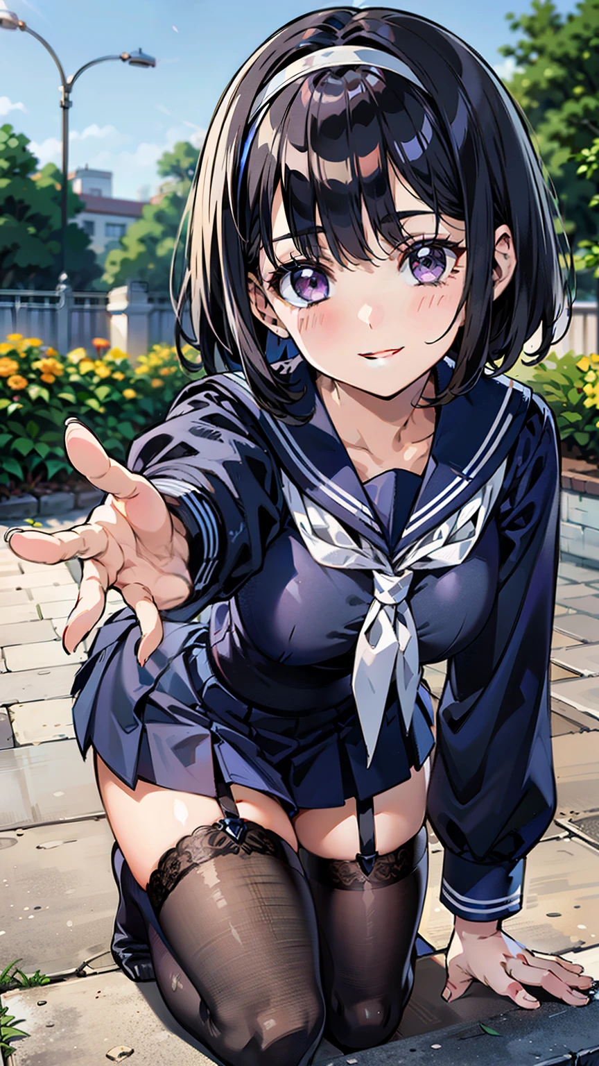 sailor uniform, sailor suit, one woman, (A beauty woman, Delicate high school girl:1.3), 8K, highest quality, masterpiece, Very detailed, Ultra-high resolution, Realistic, RAW Photos, Absolute Resolution, Black Hair, Bobcut, Small face compared to body, Very small face, Black Hair, ((Navy blue sailor suit)), Navy Blue Skirt, High school girl in sailor suit, 2D Rendering of Anime, Realistic若いアニメの女子高生, , ((White headband)), Small breasts, tall, Slanted Eyes, Purple Eyes, Black Stockings, garter belt, toothless smile, garden, (Reaching out:1.3), (Top-down position:1.2), blurry background,