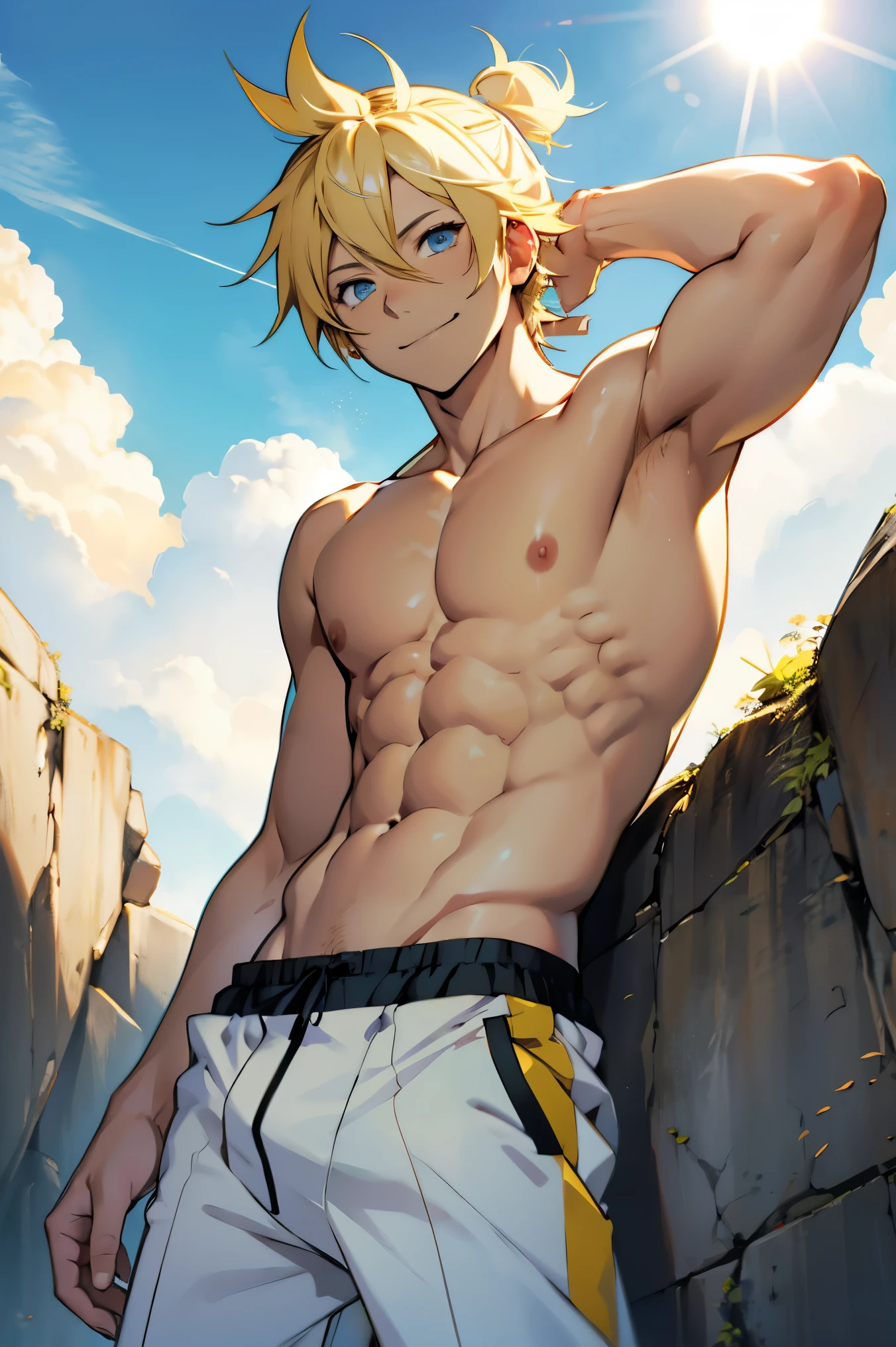 kagamine len(/vocaloid/), blonde hair, blue eyes, smile, shirtless, slim, fit, abs, closed mouth, outdoors, sky, day, briefs, cloud, sunny, pants, (ponytail:0)