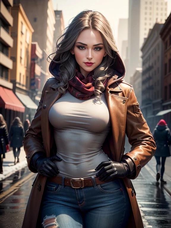 Kat Denningasterpiece:1.0), (Highest_quality:1.2), (Dark Shot:1.3), Classic Rogue, 1991 Rogue X-Men, 1 girl, Only 1, Head to Toe, standing on street corner, Elegant pose, (clothing: Brown winter coat, Brown color hood, Down lining, White scarf, gloves, jeans) Medium length hair, Brown Hair, Wavy Hair, One gray hair, Green Eyes, Mischievous look, Grin, Lips parted,  Red lipstick, Heavy makeup, Confident expression, Backlight, (realism: 1.5), (Realistic: 1.4), (Disorganized:1.4), 8k, Very detailed, Detailed beautiful woman,  (background: Midnight, it&#39;s snowing, On the streets of New York, Snowy Night), Official Art, Very detailed CG Unity 8k wallpaper, Perfect lighting, colorful, 超High resolution, photograph, 8k, High resolution, Kodak Portrait 400, Film Grain, blurry background, (Bokeh:1.2), (Vibrant_color:1.2), Film Grain:1.2, (Warm colors, Warm Tones:1.2), (color photo), Professional Photograph