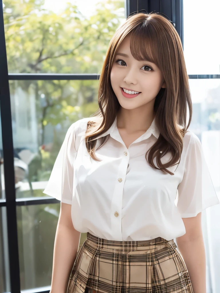 A beautiful Japanese shy girl, age 18 years old, short brown hair, brown big eyes, shiny lip, shiny hair, ecstatic expression, wearing white blouse, plaid skirt, The background is very blurry, wearing high heels, A photo showing the whole body, in front of huge window,