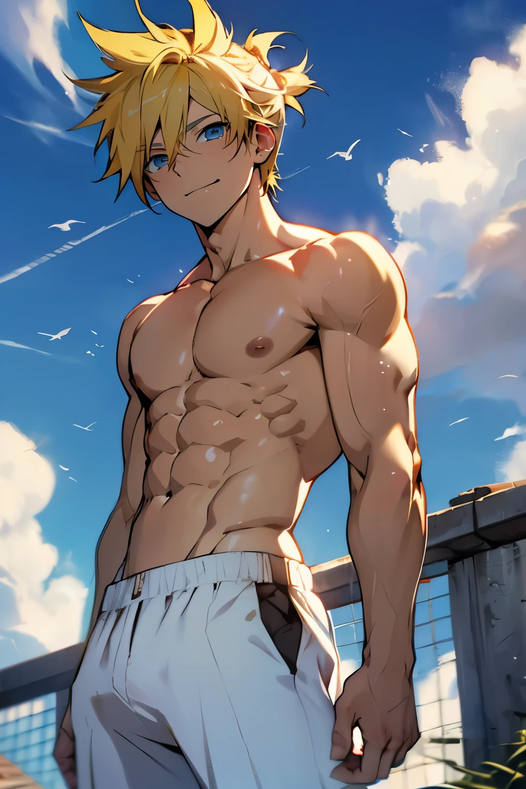 kagamine len(/vocaloid/), blonde hair, blue eyes, smile, shirtless, slim, fit, abs, closed mouth, outdoors, sky, day, briefs, cloud, sunny, pants,