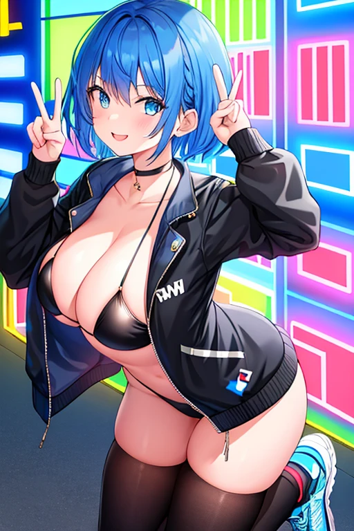 1girl, large breasts, sneakers, shoes, thighhighs, black jacket, jacket, black bikini, bikini, sky blue hair, light blue hair, blue hair, very short hair, pixie cut, blue eyes, light smile, peace sign, double peace, v, double v, neon trim, neon, neon lights, smile, light smile, tomboy, full_body, ((full body))