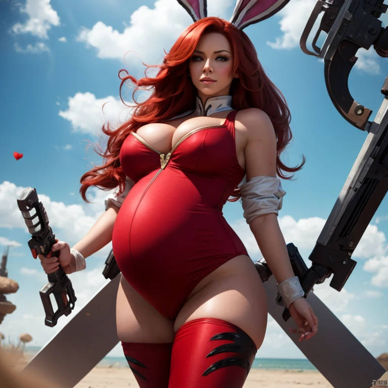  pregnant battle bunny miss Fortune, tight bodysuit, red hair, cleavage, wants to have sex with me 