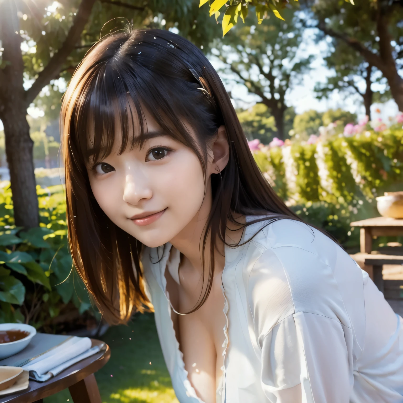 (highest quality,masterpiece:1.3,Ultra-high resolution),(Very detailed,Caustics,8k),(Realistic:1.4,RAW shooting),18-year-old,cute,Japanese Idols,Black hair half up,Smiling and looking at the camera,Crouched posture,Big Breasts,cardigan,Knitted dress,(garden),(Low position:1.2),(Low Angle:1.2),(Face Focus:1.2),(Face close-up:1.2),Natural light,(Lens flare),Professional Writing