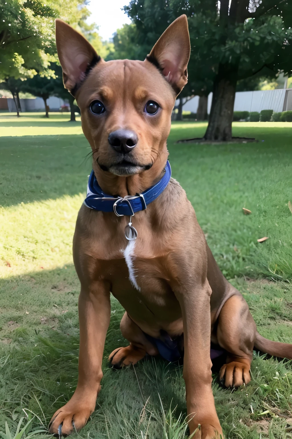 Create a brown pinscher dog with bulging eyes, musculoso, com cara de mau, com uma roupa azul estampada de patas de cachorro. Place a square behind it as a landscape. Deixe com a cara de mau. Coloque patinha de cachorro na sua roupa