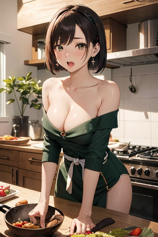 masterpiece, yor, 1girl, Bust A Cup, Amazing Cleavage:1.1, thin waist, big ass, Raised sexy, small breast: 1.1 posed cleavage:1.2、solo, looking at viewer, open mouth, have a cute grass of cute beergrass,black hair, dark green eyes, dress, bare shoulders, jewelry, collarbone, sidelocks, hairband, earrings, indoors, off shoulder, :o, sweater, arms behind back, plant, short hair with long locks, gild hairband, off-shoulder dress, sweater dress, off-shoulder sweater, red sweater, dark gord hair, big side hair, very long side hair,is rendered in (masterpiece: 1.2, best quality), with (ultra high resolution) and an exquisite (depth of field). This masterpiece is not only visually stunning but also tells,A scene of cooking in the kitchen