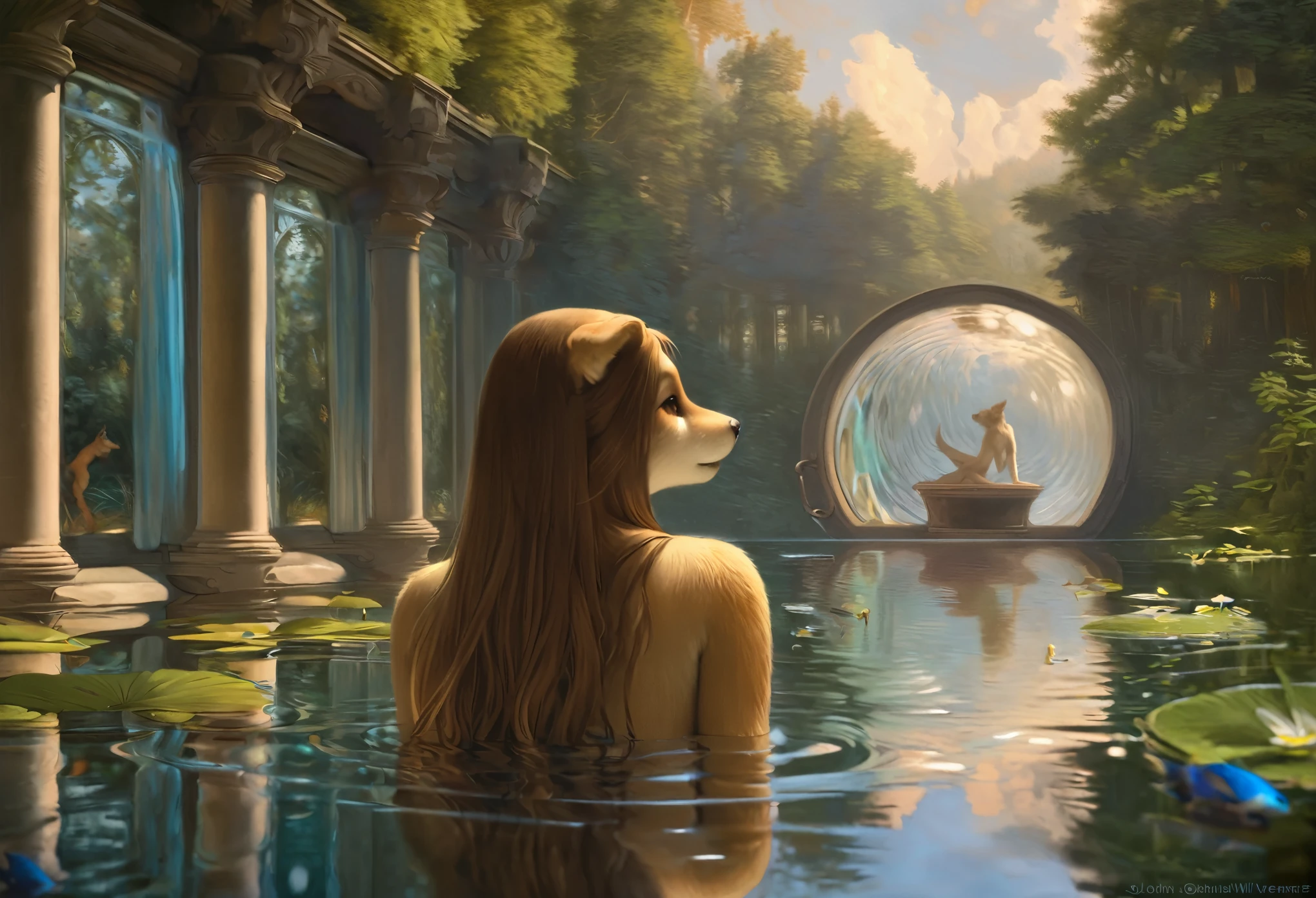 High-quality illustrations by John William Waterhouse, by Johannes Vermeer, wallpaper, summer, lake, dawn, forest, detailed forest, clouds, masterpiece, cinematic, soft light, depth of field, ray tracing, reflection in water, realism, ultra detailed, nymph, fairy, Mysterious and romantic atmosphere, luxurious embellishments, intricate details, (surrounded cistern, transparent aquarium, caustics surface)(reflecting, refraction, polarization:1.2)(highly detailed beautiful face and eyes)absurdres, perfect anatomy(handsome 1boy, kemono, solo focus)(furry)(furry anthro:1.7)(Furry body, dog facial features, dog body features)(very detailed body fur)fragility, reflections in mirrors and water surfaces, realistic visual effects, soft and delicate color palette, dramatic composition,
